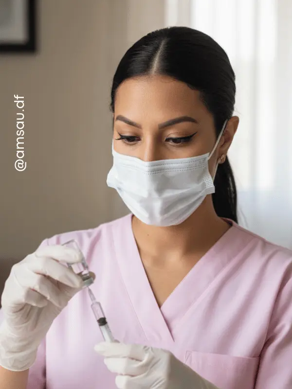 Enfermeira domiciliar aplicando injeção em casa - Brasília DF