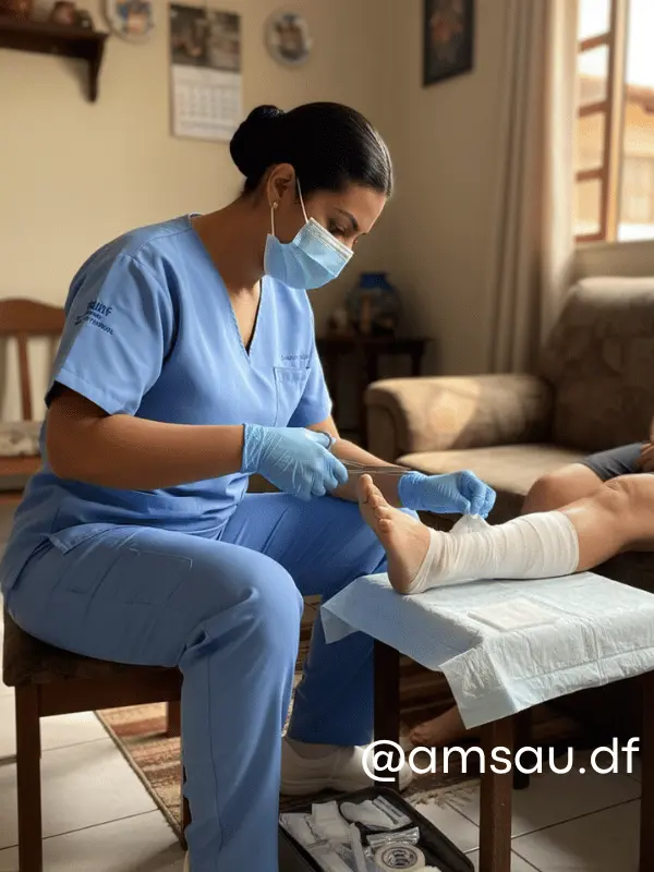 Enfermeira domiciliar realizando curativo profissional em casa - Brasília DF
